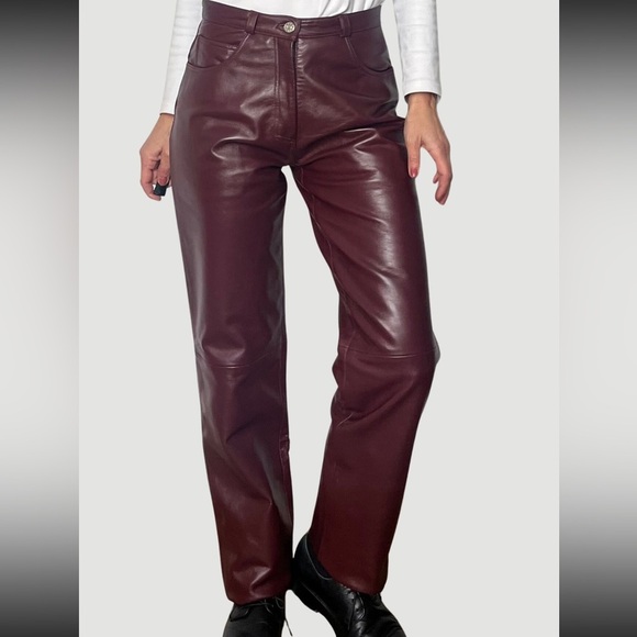 EXPRESS 90s S Slim Super High-Rise Vegan Leather Pants 14R MAROON/BURGANDY/BROWN - Picture 1 of 11